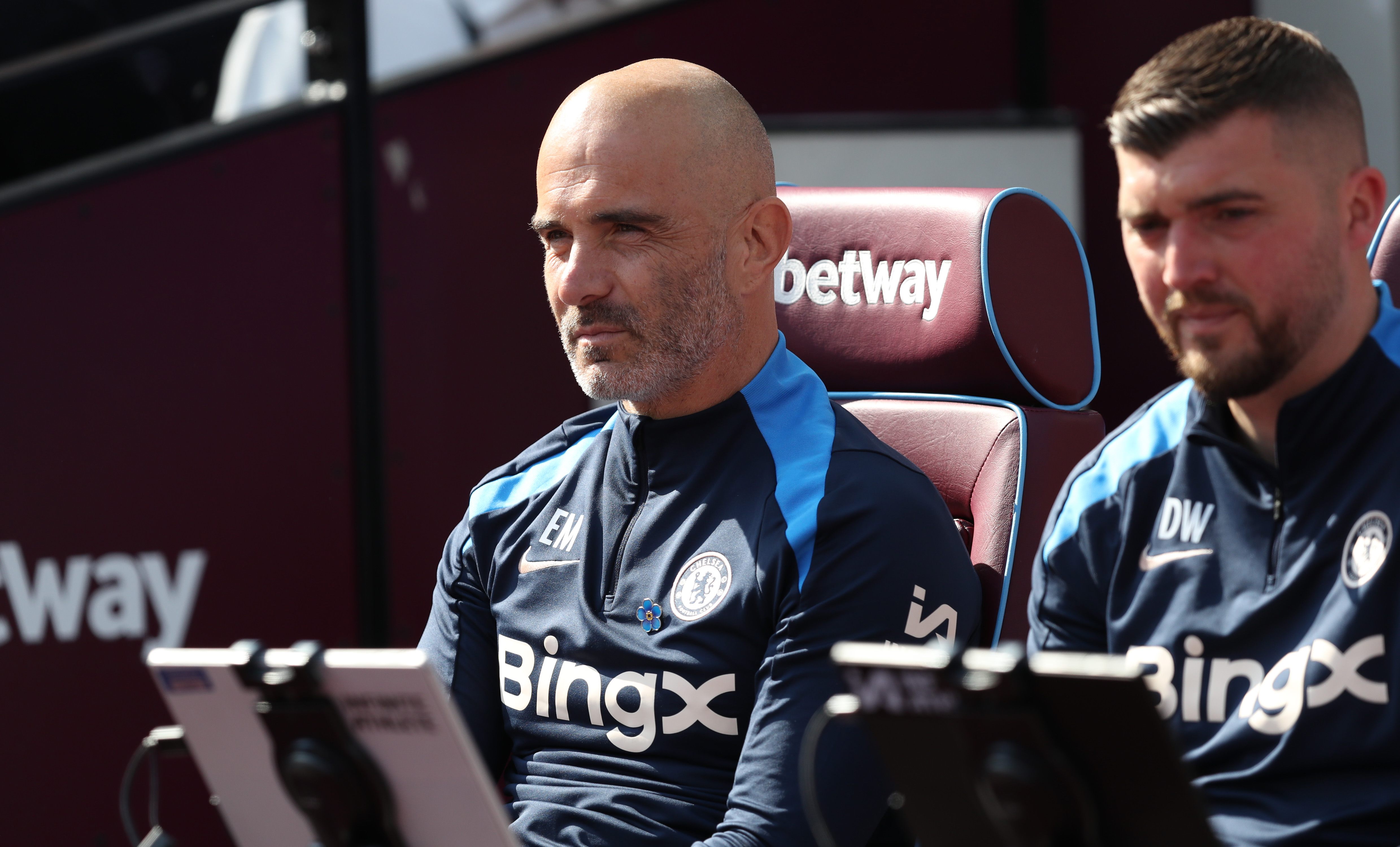 Enzo Maresca in the dugout at West Ham. (Photo by Henry Browne/Getty Images)