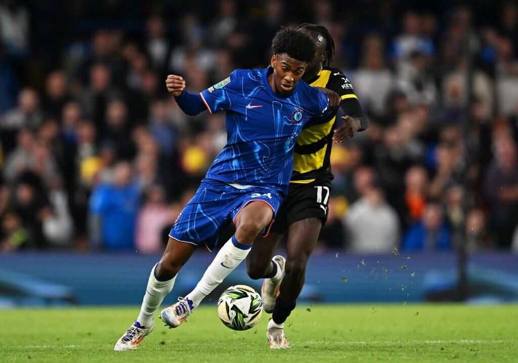 Josh Acheampong plays against Barrow. (Darren Walsh/Chelsea FC via Getty Images)