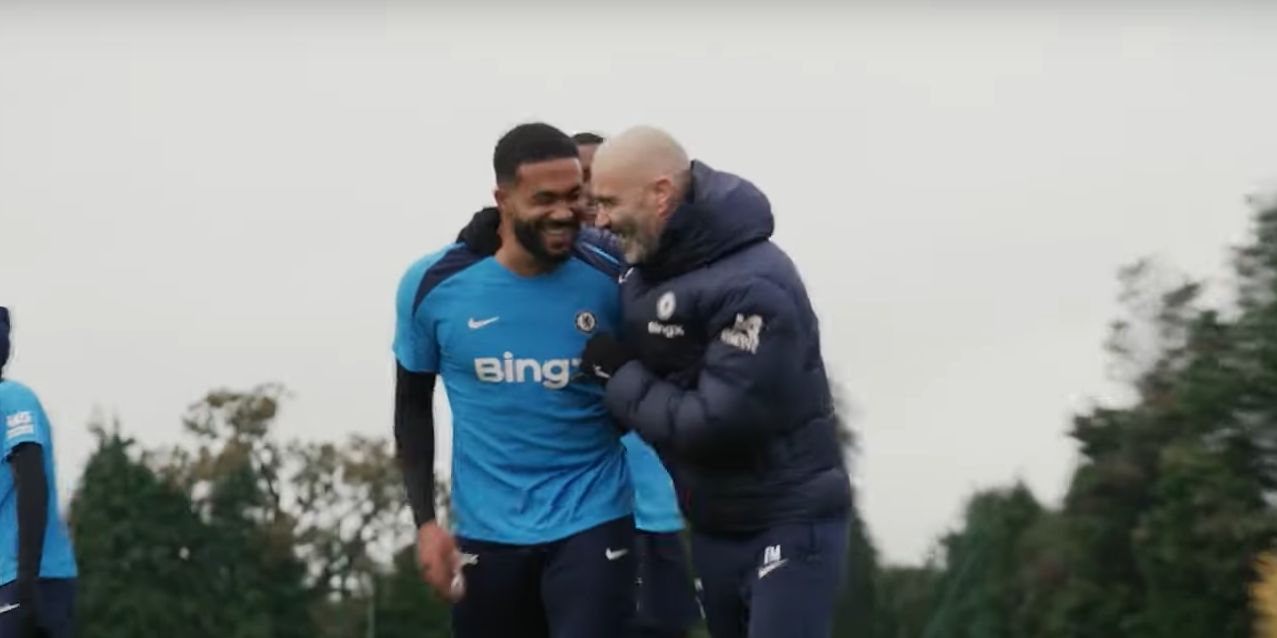 Reece James and Enzo Maresca laughing in training.
