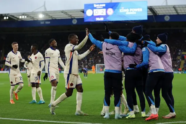 A group photo of Chelsea celebrating a goal at Leicester. (Photo by Darren Walsh/Chelsea FC)