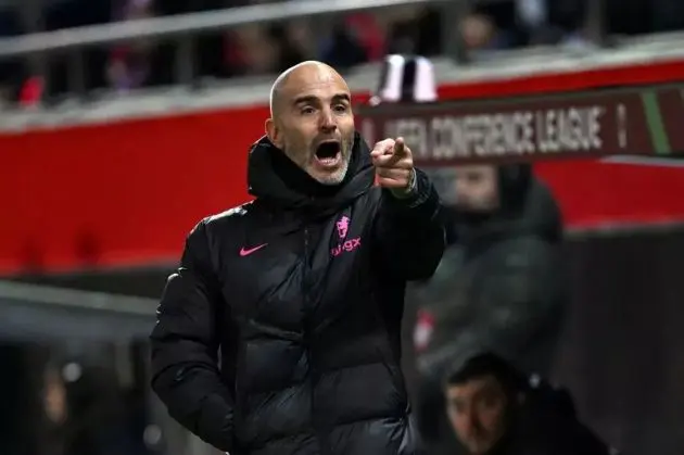 Enzo Maresca remonstrates with a ref during a Conference League game. (Image: Darren Walsh/Chelsea FC)