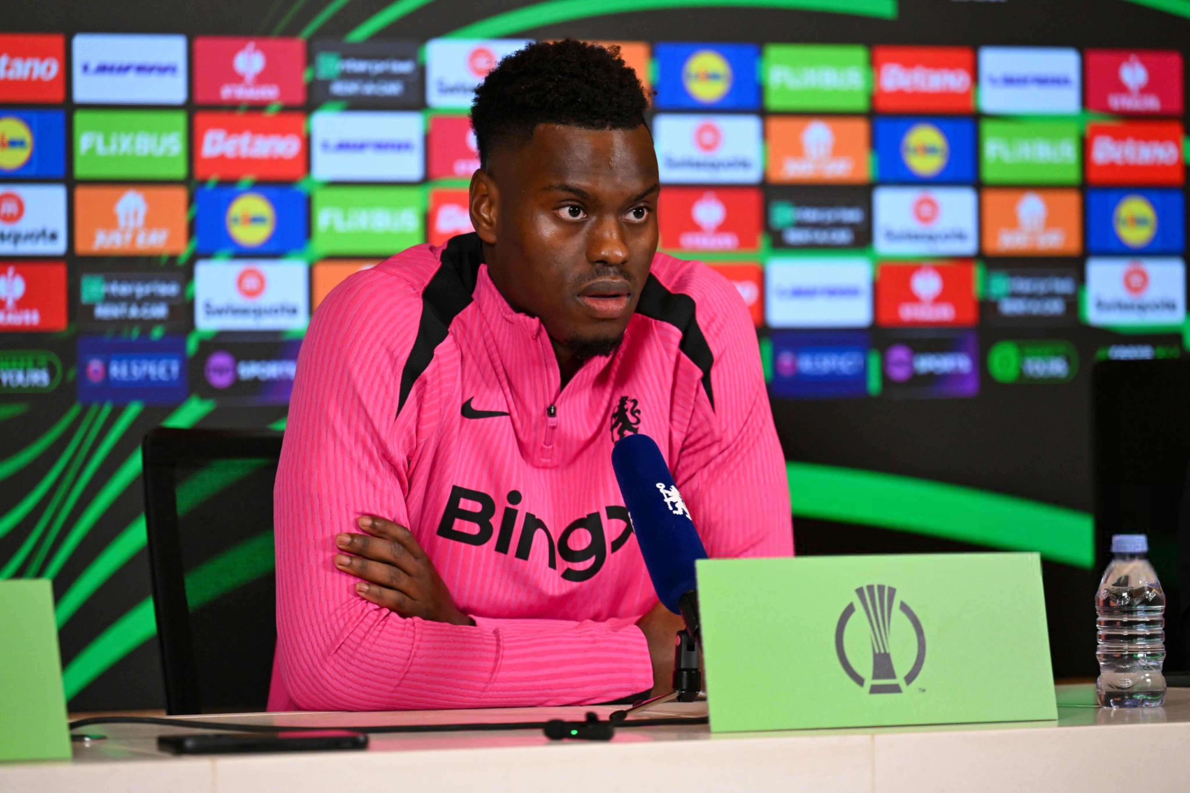 Benoit Badiashile in a Conference League press conference with Chelsea. (Photo by Darren Walsh/Chelsea FC)