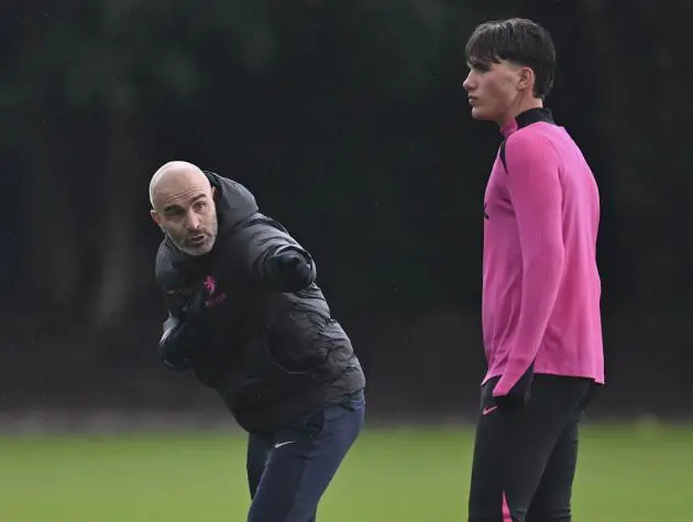 Cesare Casadei with Enzo Maresca on the training pitch.