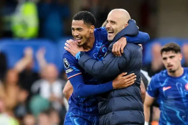 Levi Colwill celebrates with Enzo Maresca.