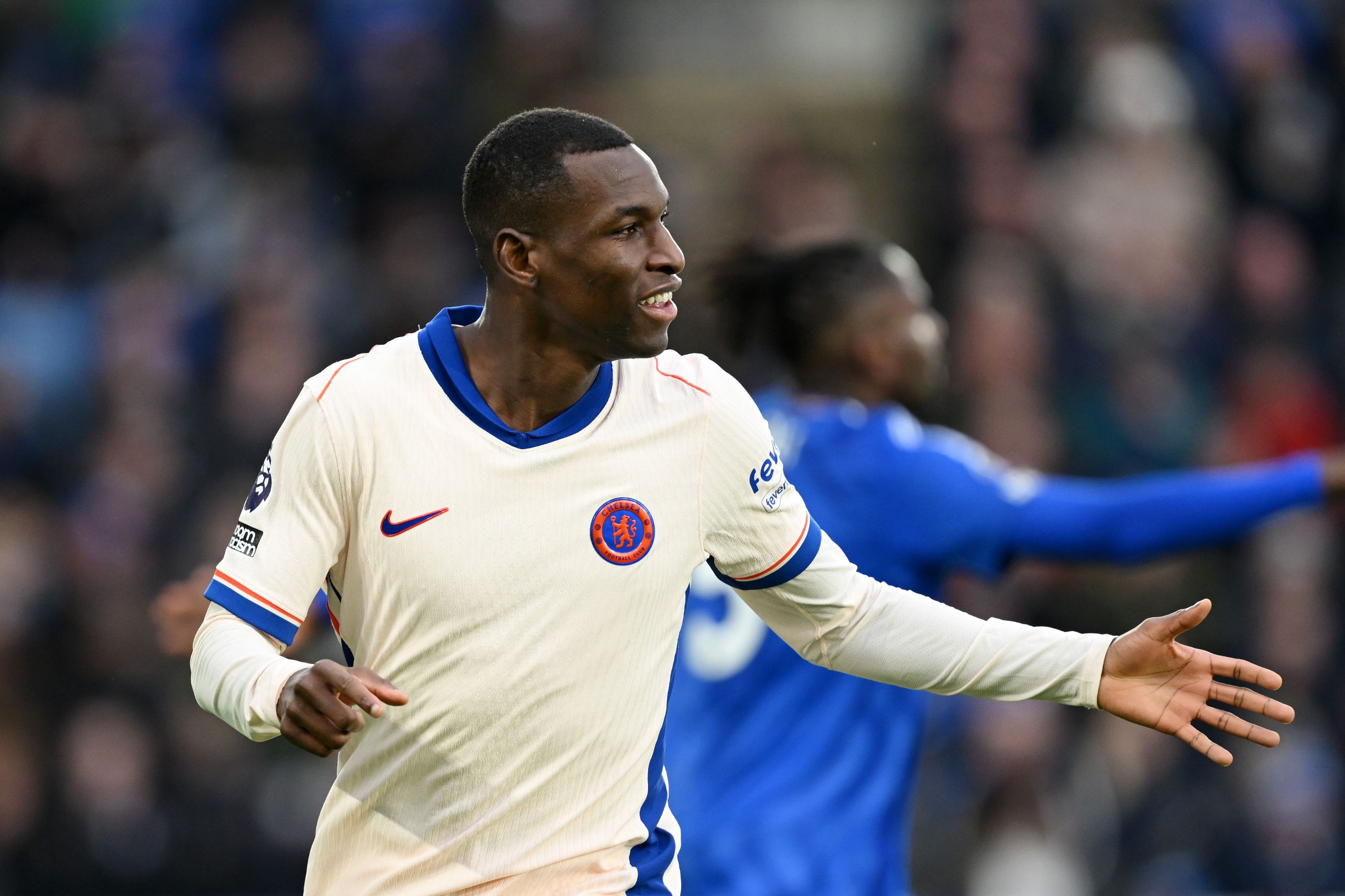 Nicolas Jackson celebrates opening the scoring against Leicester. (Photo by Michael Regan/Getty Images)