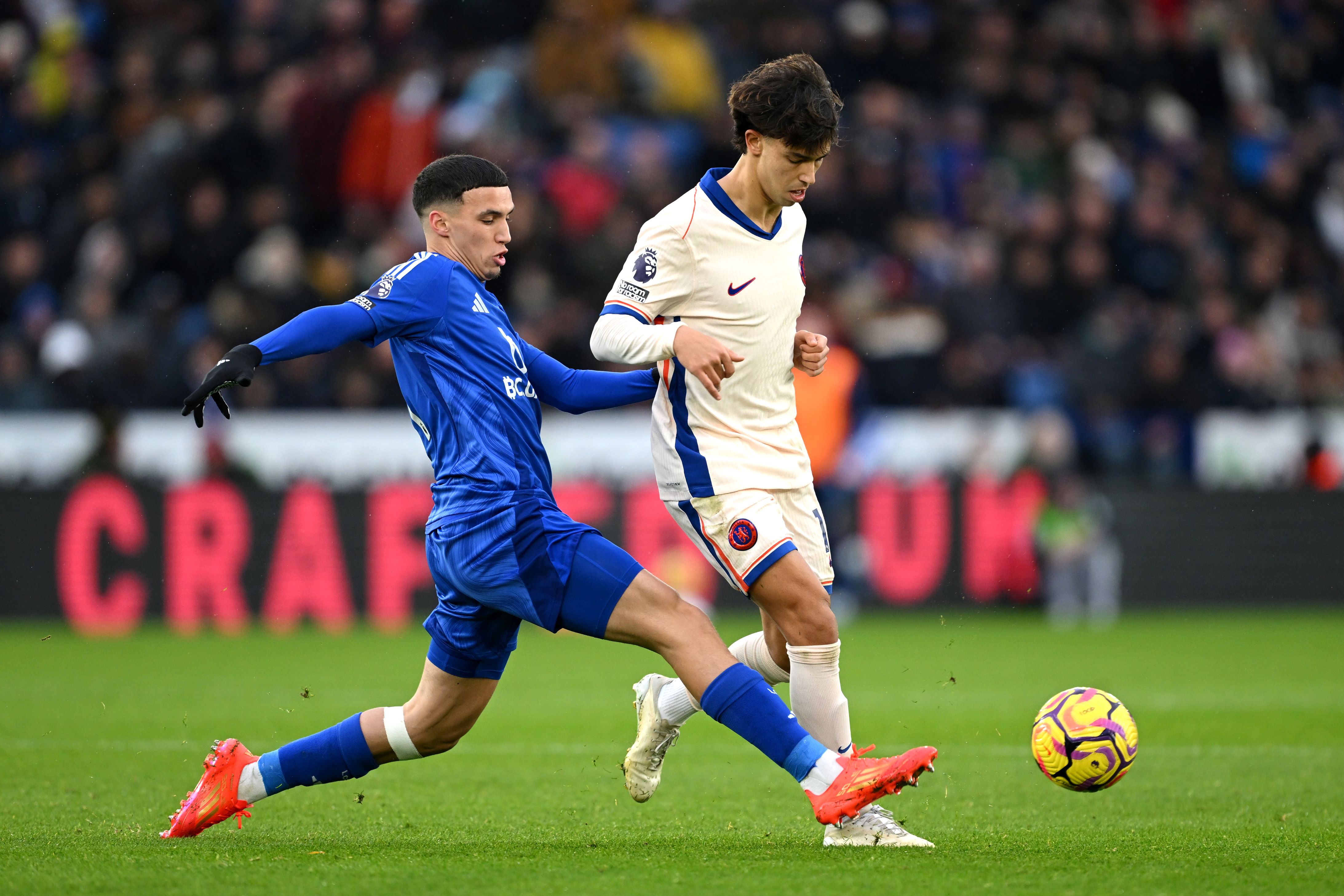 Joao Felix dances beyond a Leicester defender.