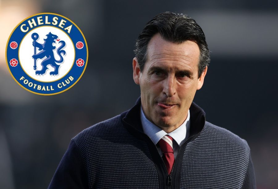 Unai Emery with a Chelsea logo.