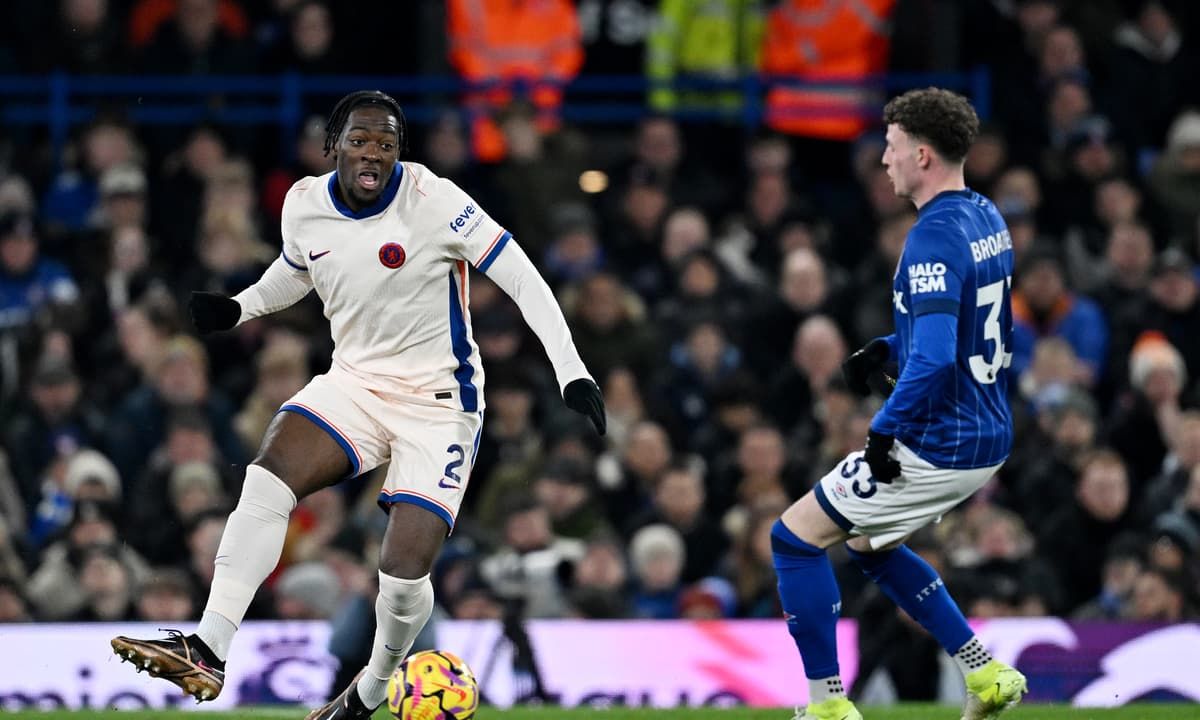 Axel Disasi passes the ball against Ipswich.