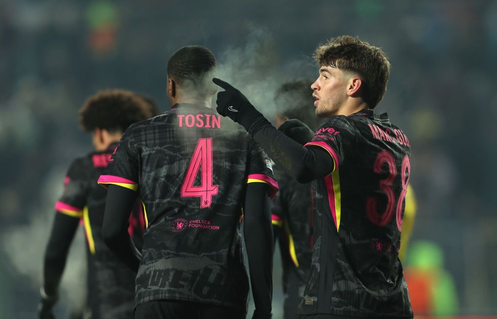 Marc Guiu celebrates in Kazakhstan. (Photo by Darren Walsh/Chelsea FC)