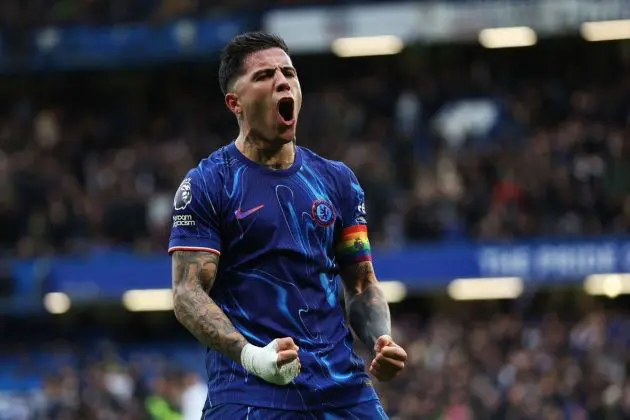 Enzo Fernandez celebrates his goal at Stamford Bridge.