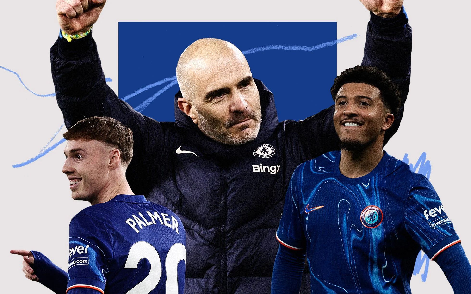 Enzo Maresca with Cole Palmer and Jadon Sancho in a montage (Photo by The Daily Telegraph)