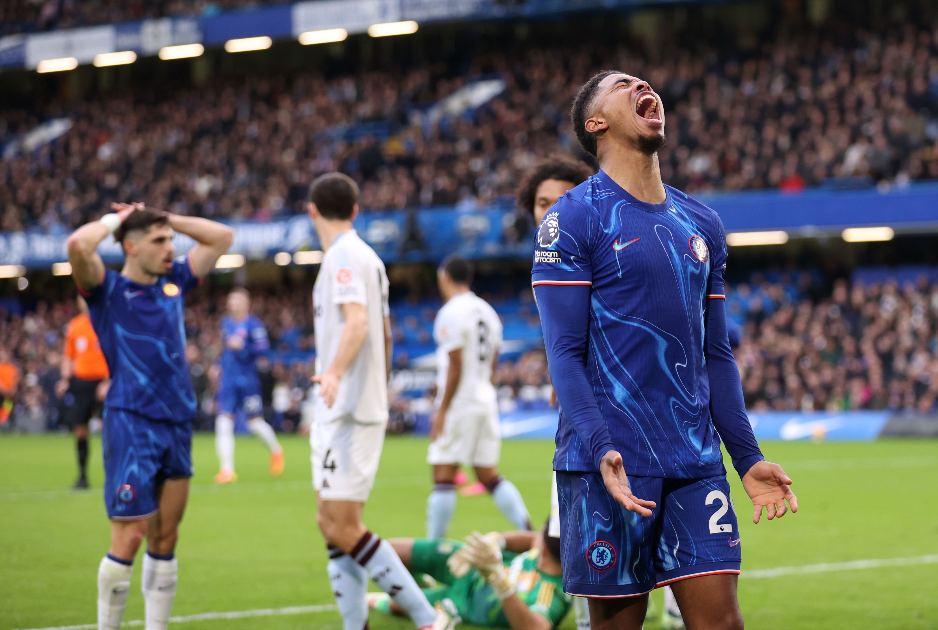 Wesley Fofana looks frustrated against Aston Villa.