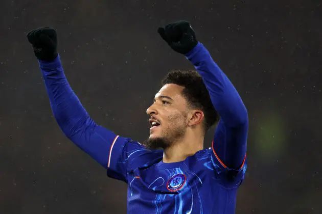 Jadon Sancho celebrates his first Chelsea goal. (Photo by Michael Steele/Getty Images)