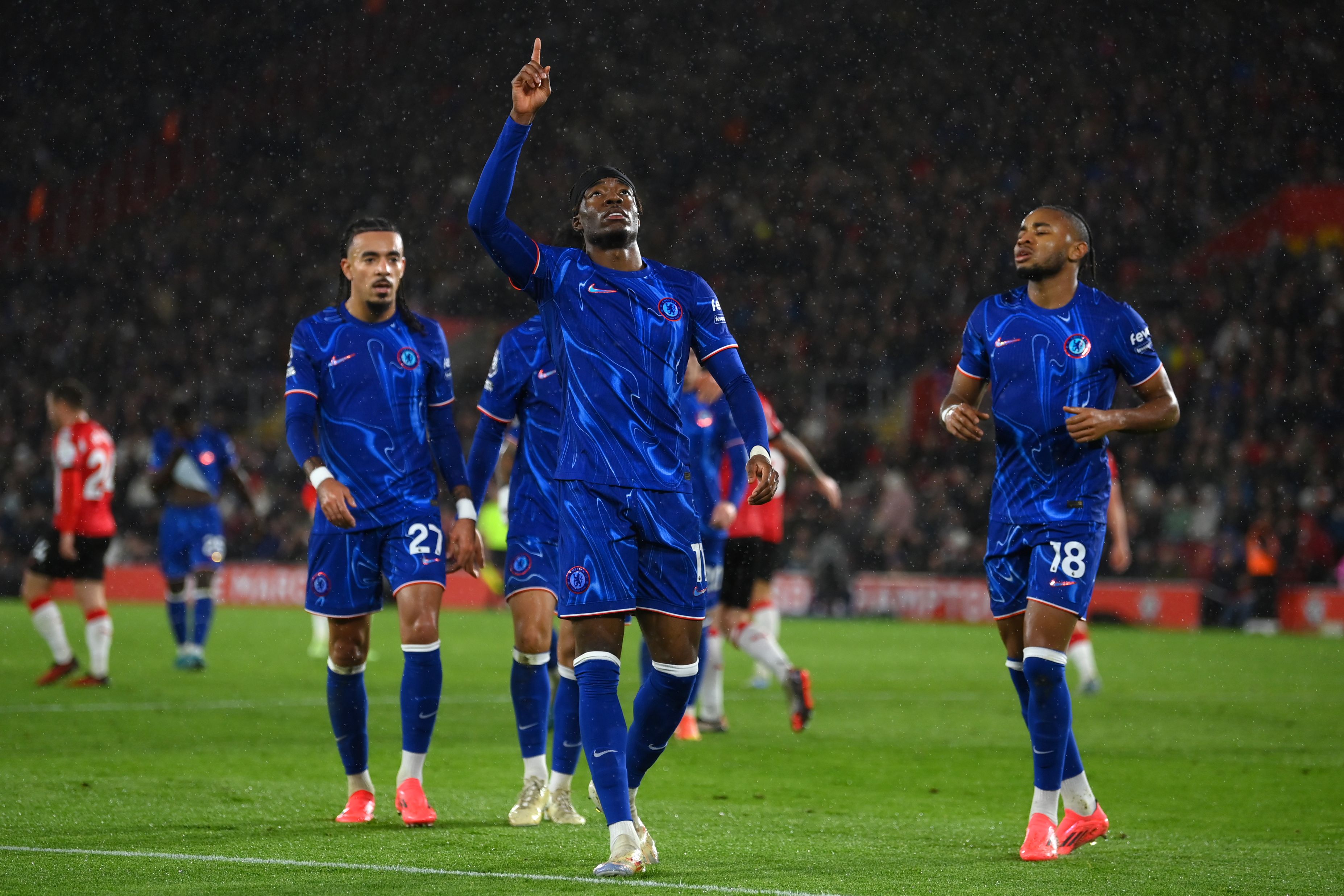 Noni Madueke celebrates scoring. (Photo by Mike Hewitt/Getty Images)