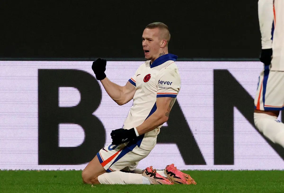 Mykhailo Mudryk of Chelsea celebrates scoring against Heidenheim.