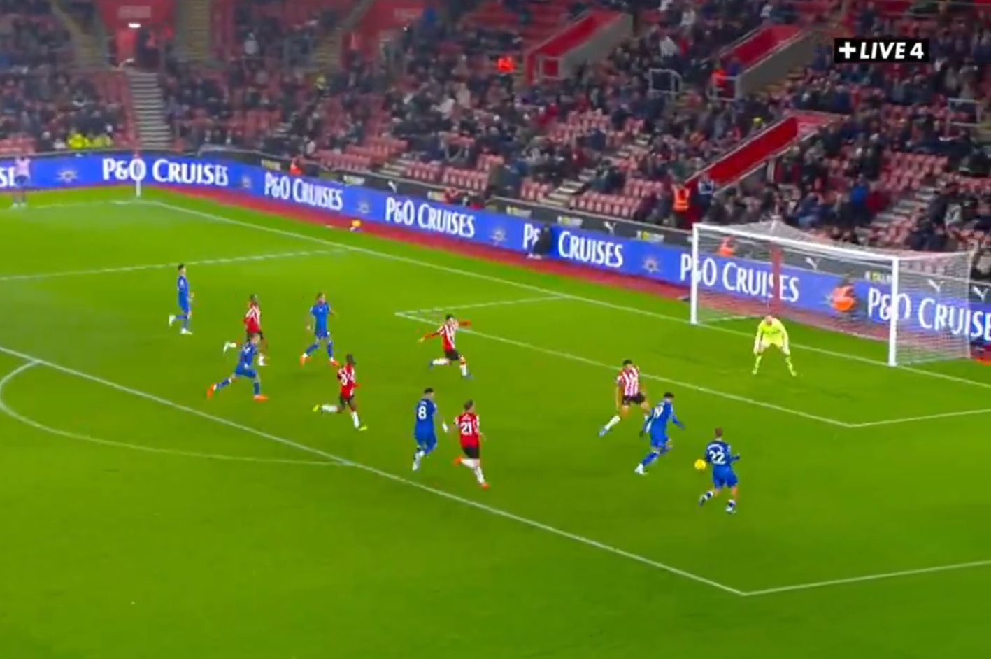 Jadon Sancho lines up a power strike to score against Southampton and make it 5-1.