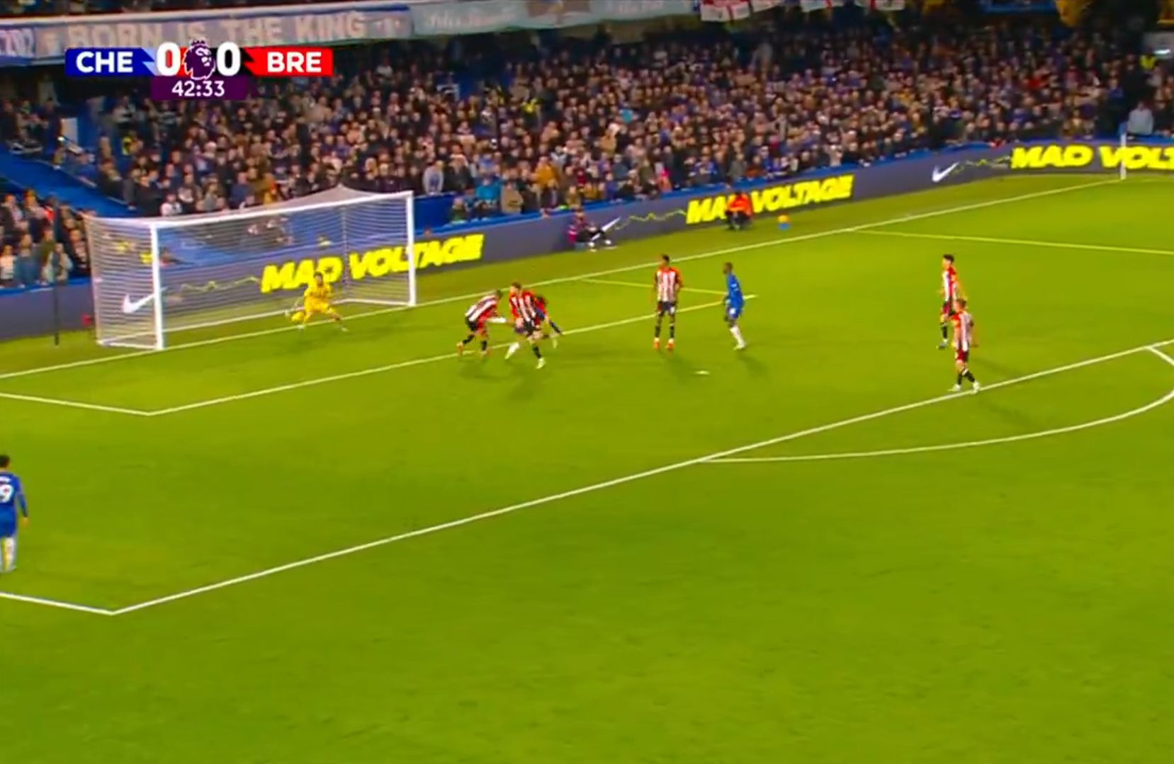 Marc Cucurella scores a header for Chelsea against Brentford.