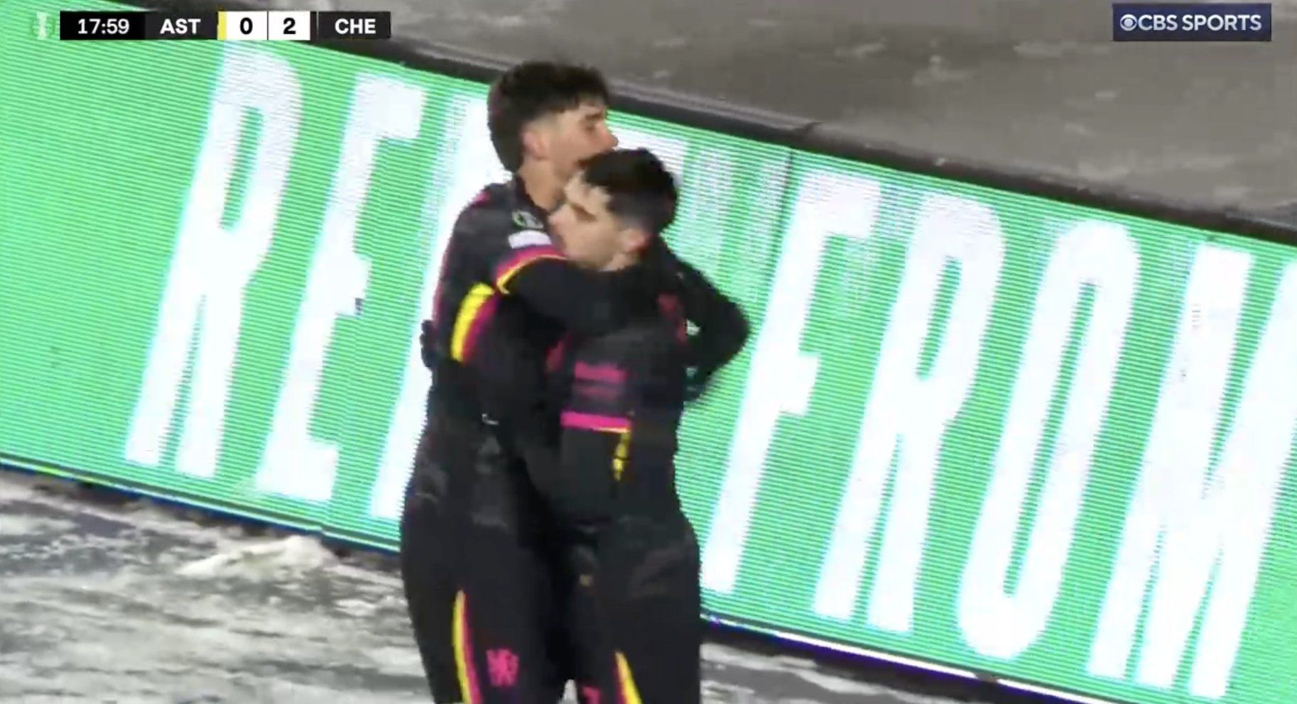 Marc Guiu and Pedro Neto celebrate Chelsea's second goal against Astana.