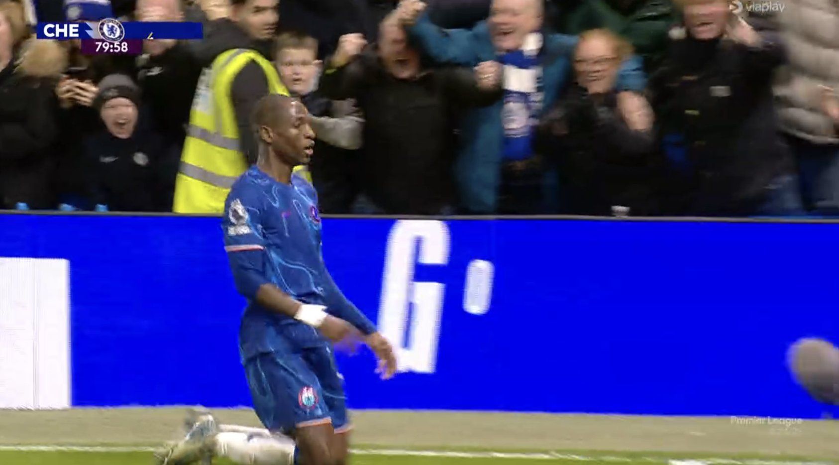 Nicolas Jackson knee slides after scoring against Brentford.