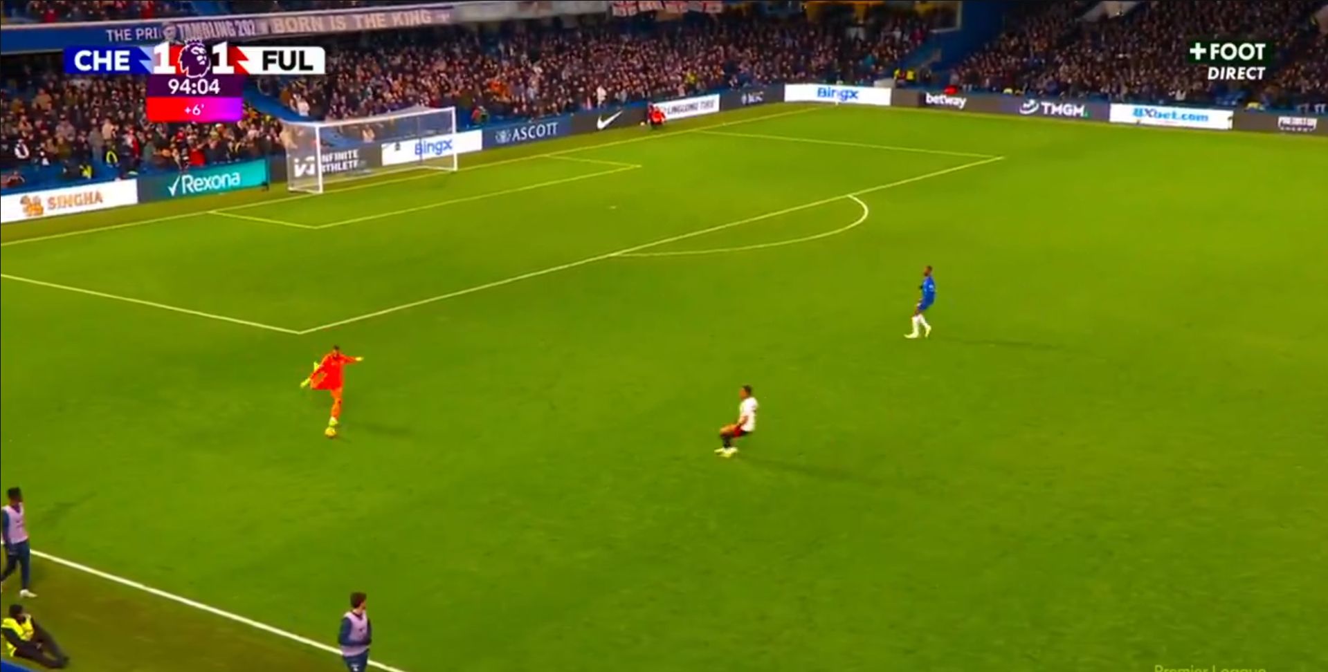 Robert Sanchez kicks a clearance down the middle of the pitch.