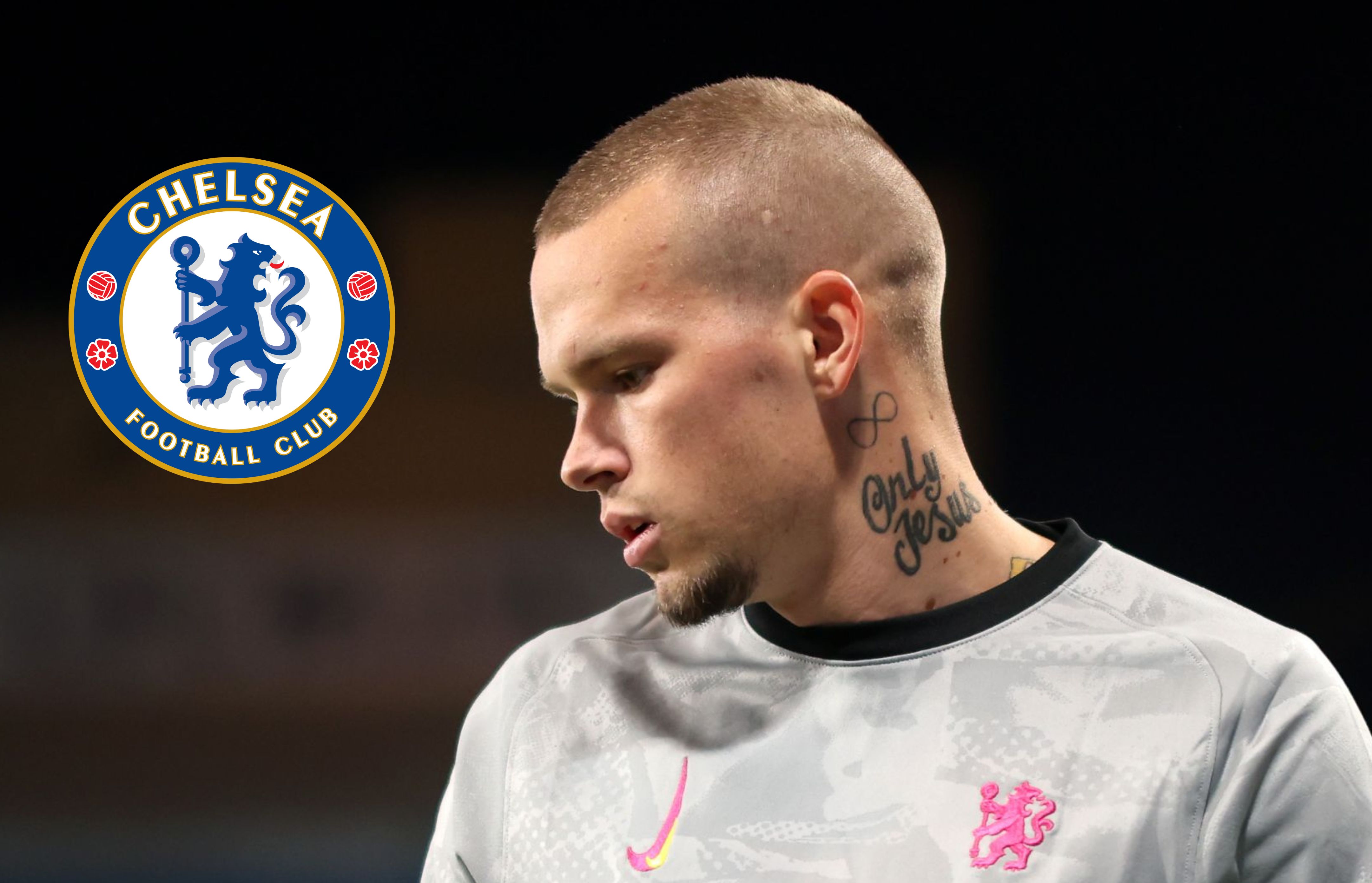Mykhailo Mudryk looks pensive with Chelsea logo. (Photo by Ryan Pierse/Getty Images)