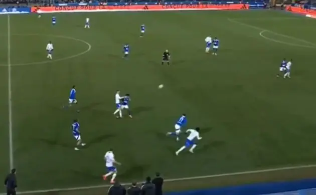 Andrey Santos gets stuck in against Auxerre.