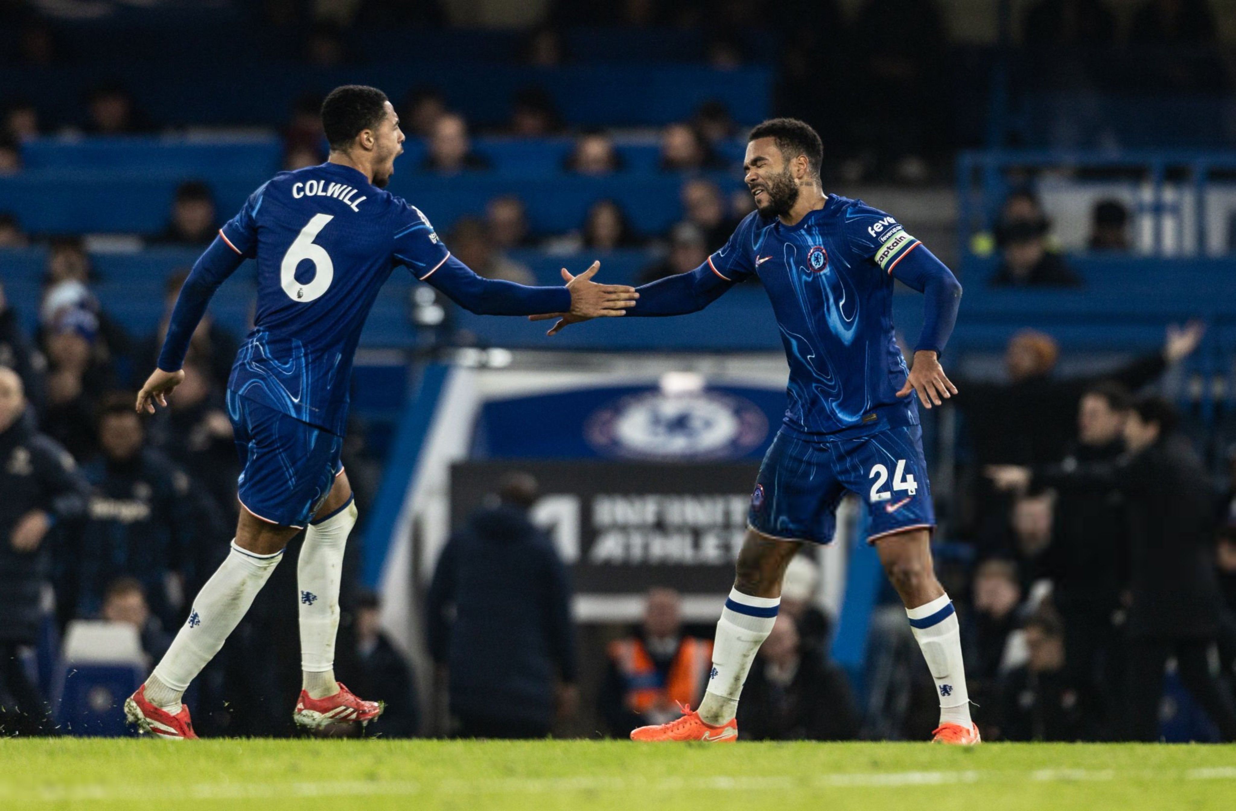 Levi Colwill and Reece James celebrate. (Photo by Darren Walsh/Chelsea FC)