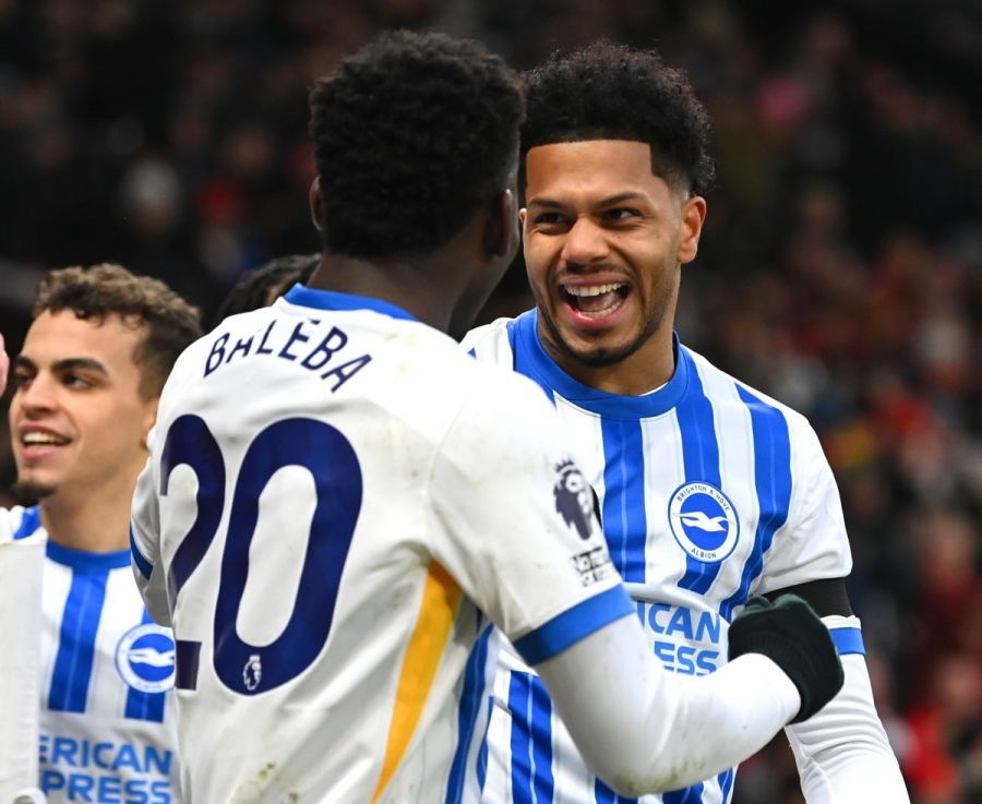 Carlos Baleba and Georginio Rutter celebrate for Brighton in their win against Man Utd (Photo by Gareth Copley/Getty Images)