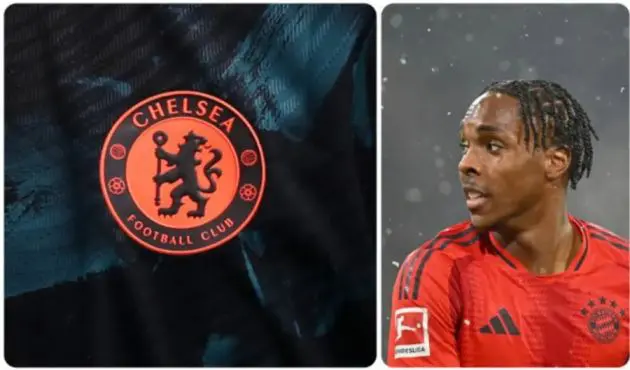 Mathys Tel with a Chelsea badge. (Photo by Sebastian Widmann/Getty Images and Lewis Storey/Getty Images)