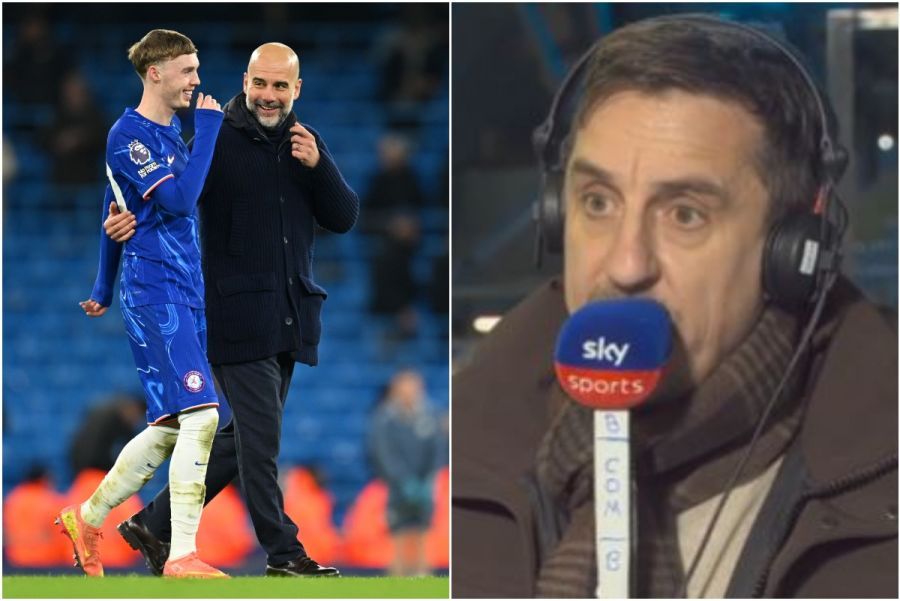 Cole Palmer, Pep Guardiola and Gary Neville in a photo montage.