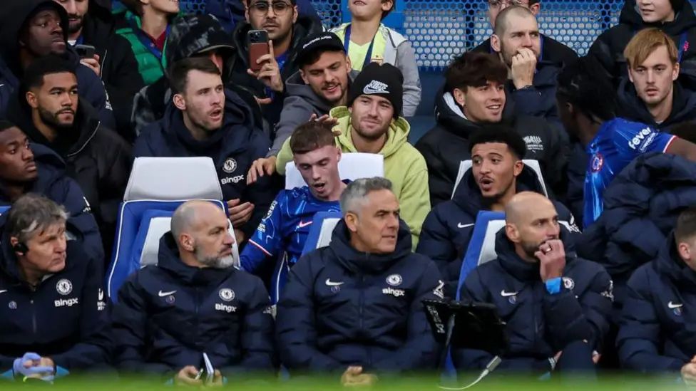 The Chelsea bench at Stamford Bridge.