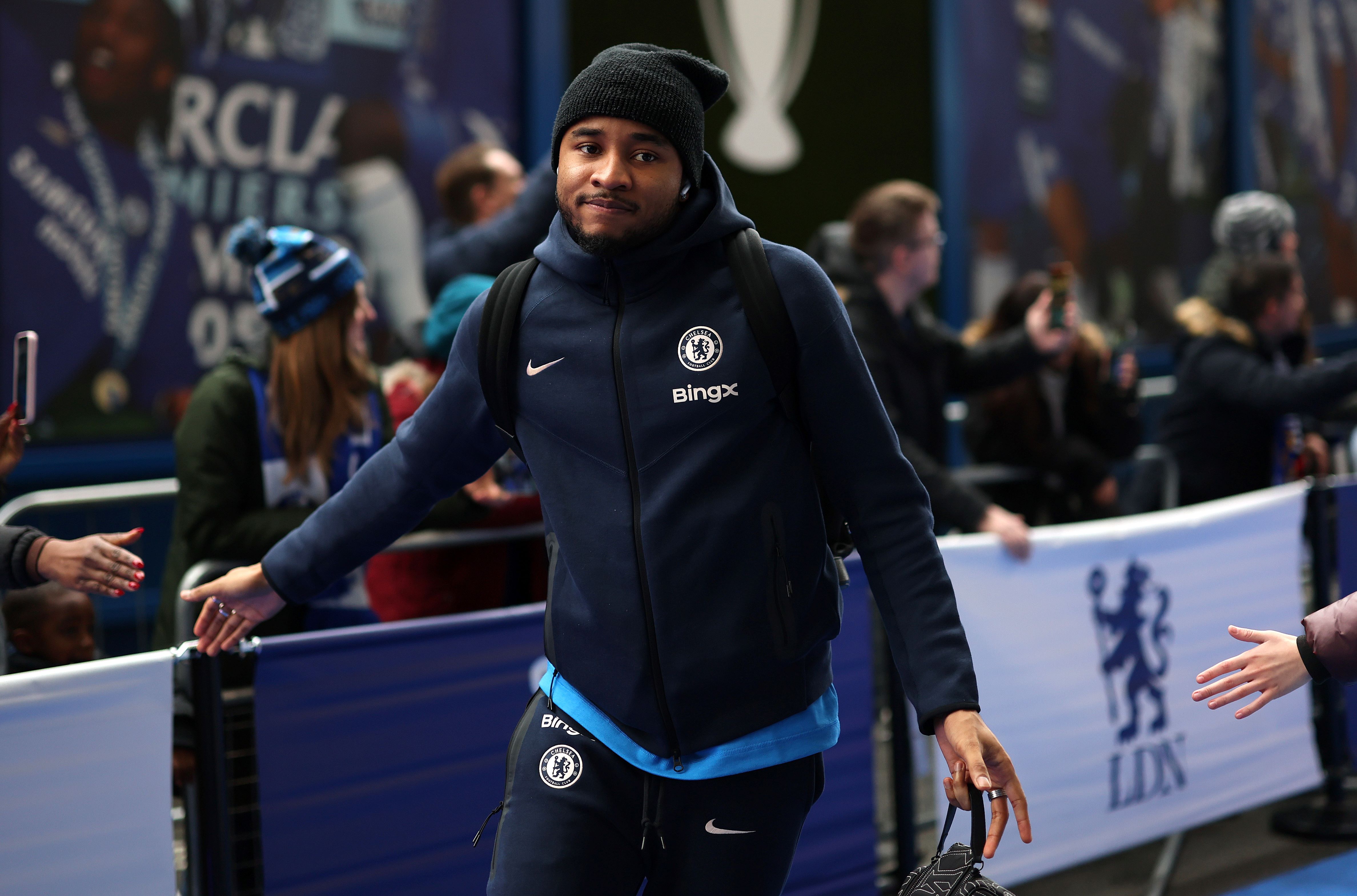 Christopher Nkunku arrives at Stamford Bridge to it on the bench. (Photo by Ryan Pierse/Getty Images)