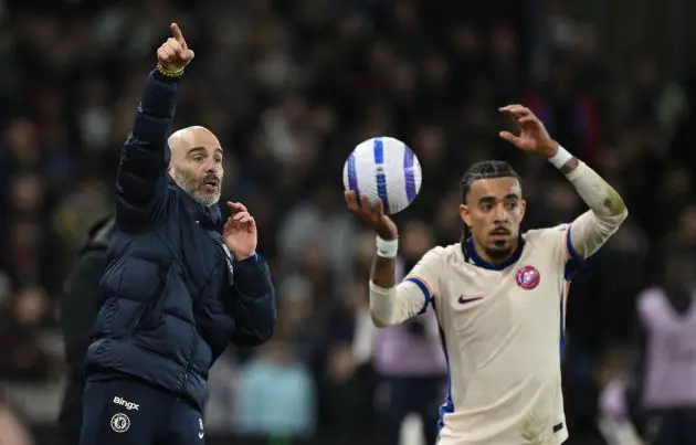Malo Gusto takes a throw in in front of Enzo Maresca.