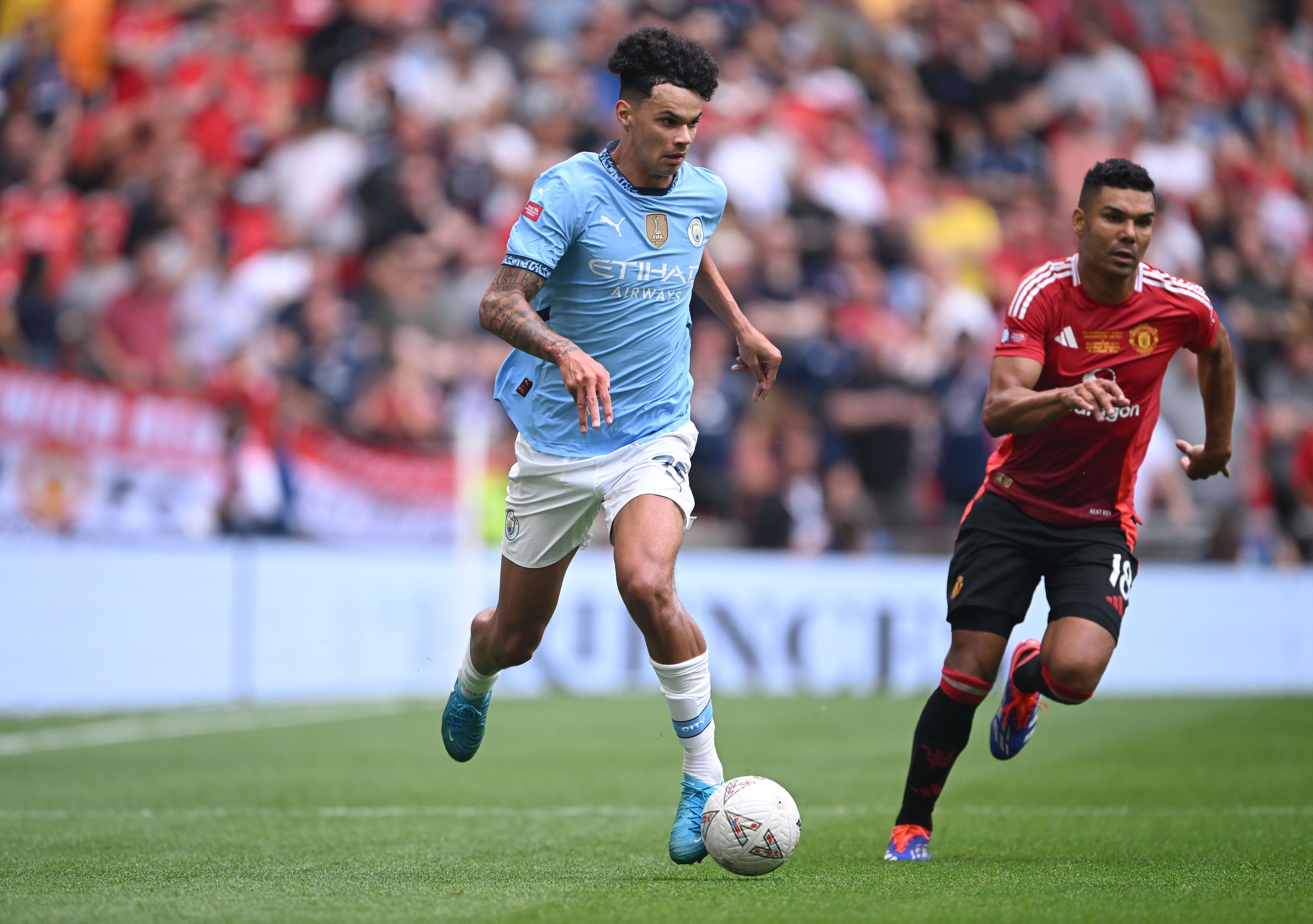 Nico O'Reilly dashes down the line in the Community Shield.