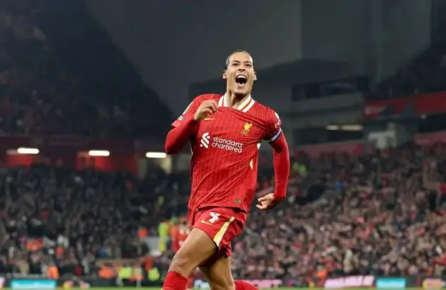 Virgil van Dijk of Liverpool celebrates scoring his team's fourth goal during the Carabao Cup Semi Final Second Leg match against Tottenham Hotspur at Anfield on February 06, 2025 in Liverpool, England. (Photo by Carl Recine/Getty Images)