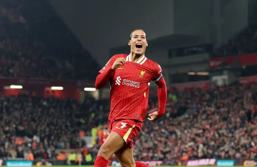 Virgil van Dijk of Liverpool celebrates scoring his team's fourth goal during the Carabao Cup Semi Final Second Leg match against Tottenham Hotspur at Anfield on February 06, 2025 in Liverpool, England. (Photo by Carl Recine/Getty Images)