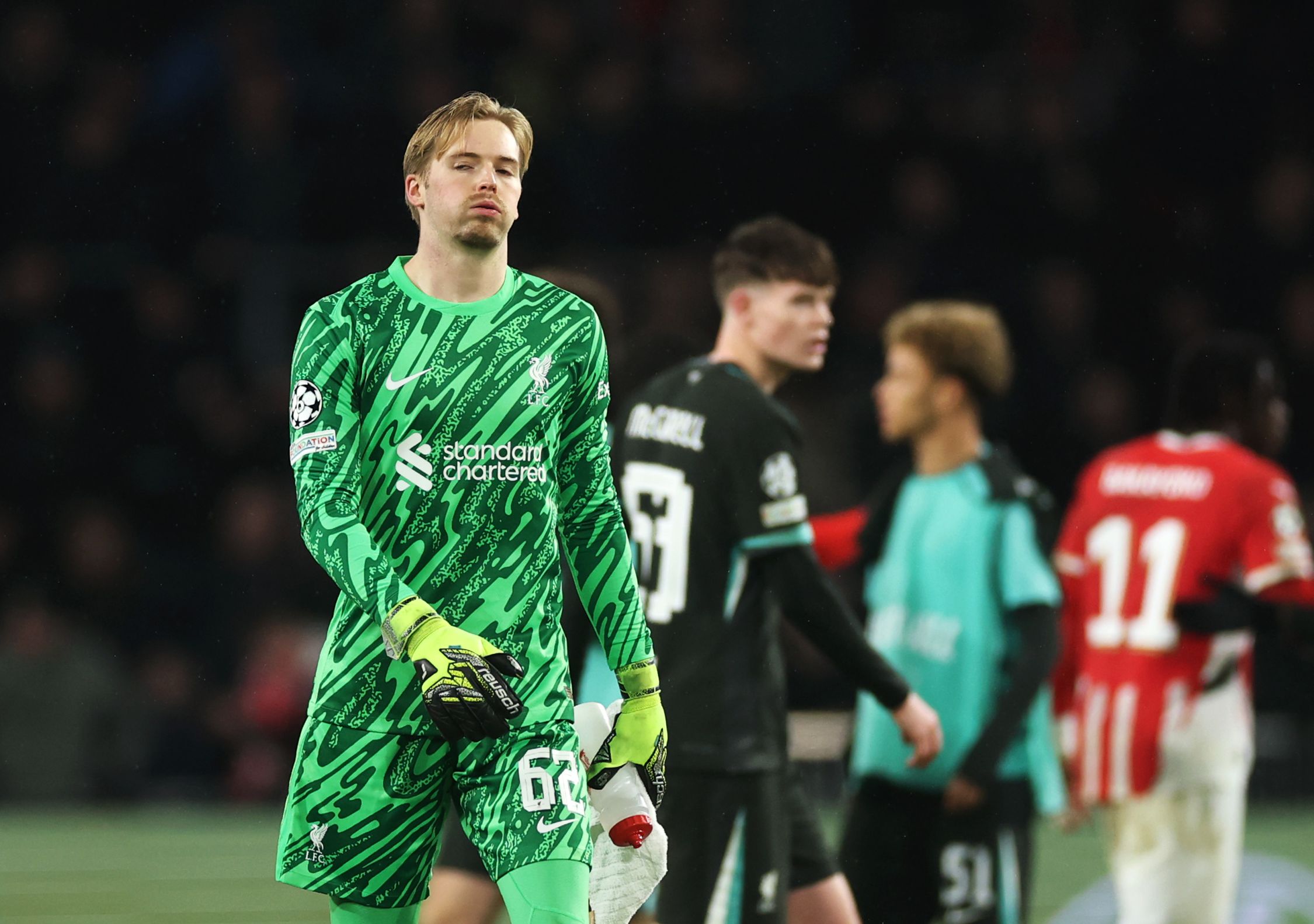 Caoimhin Kelleher looks dejected after Liverpool's game with PSV Eindhoven.