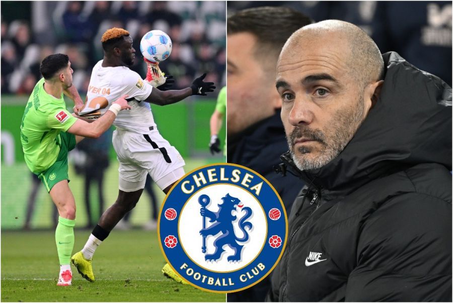 Enzo Maresca with Victor Boniface and a Chelsea logo.