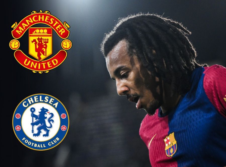 Jules Kounde with a Man U and a Chelsea logo. (Photo by David Ramos/Getty Images)