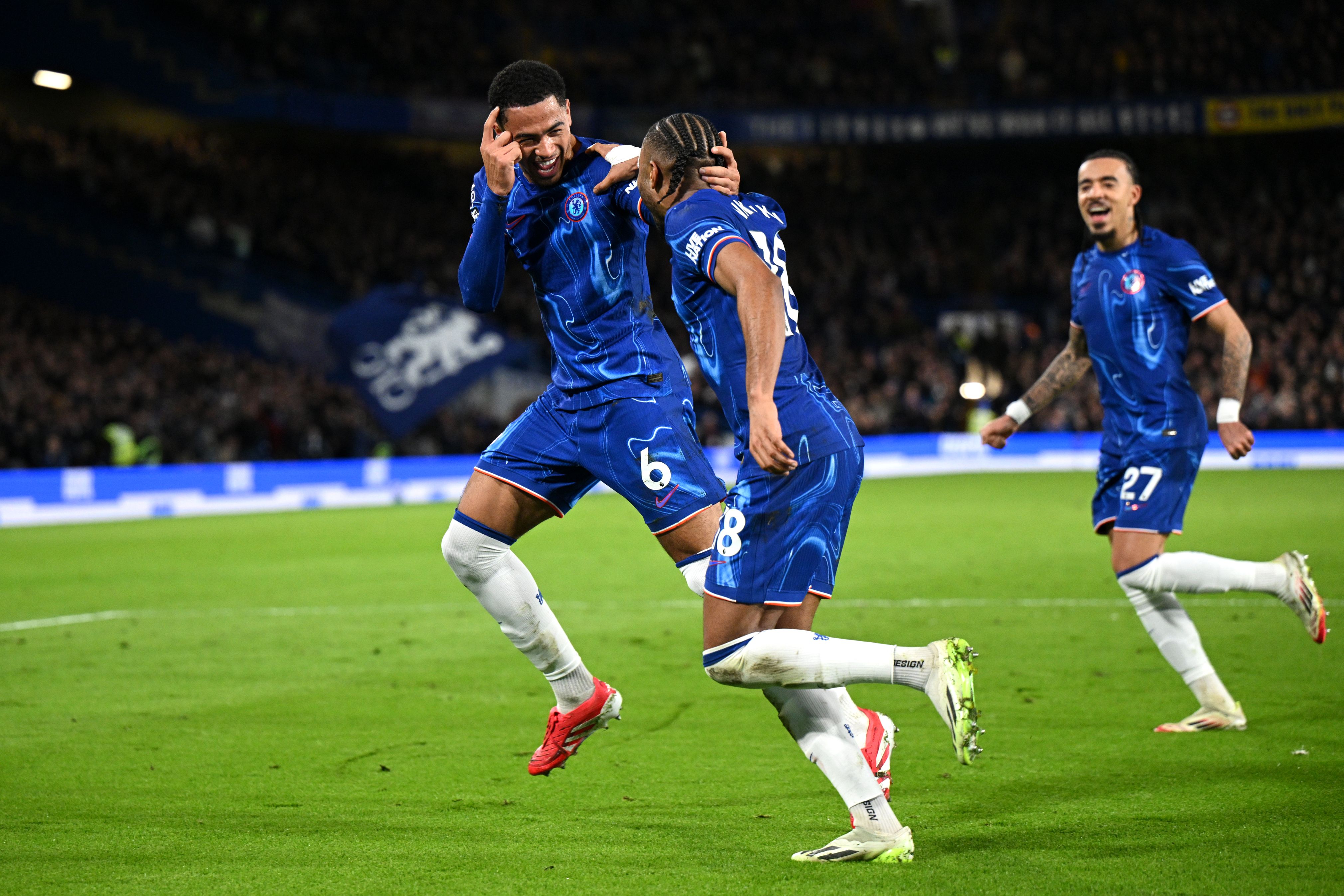 Levi Colwill celebrates scoring against Southampton.