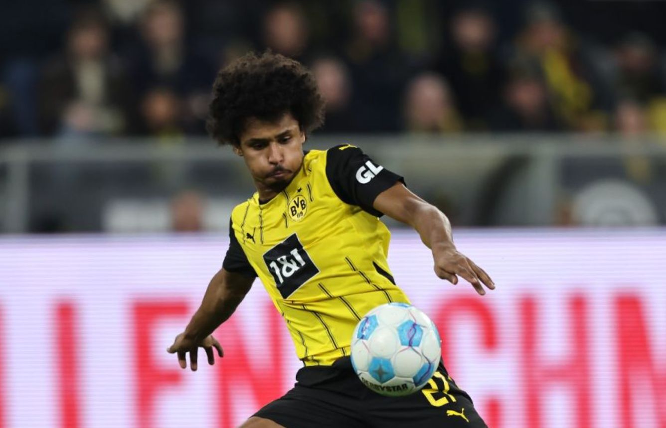Karim Adeyemi playing for Dortmund. (Photo by Christof Koepsel/Getty Images)
