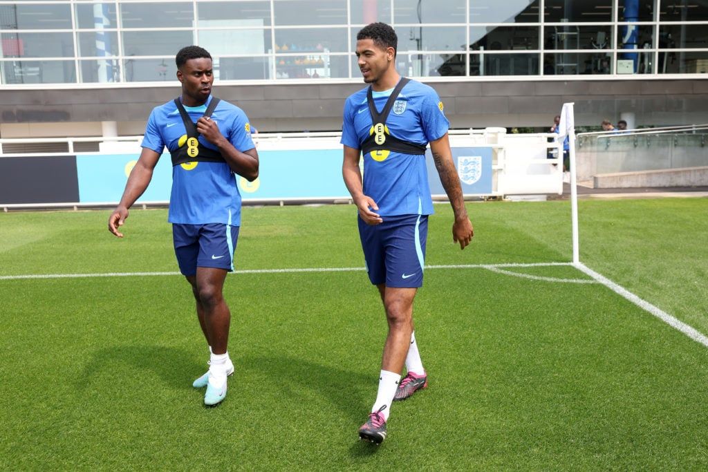 Marc Guehi and Levi Colwil training with England.