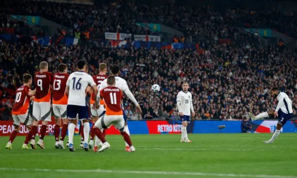 Reece James scores superb free kick for England. (Photo by Nigel French/Sportsphoto/Allstar via Getty Images)