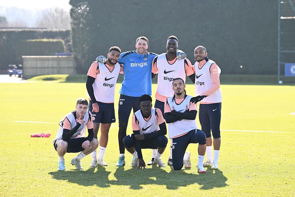 Benoit Badiashile pictured back in Chelsea team training with various others.