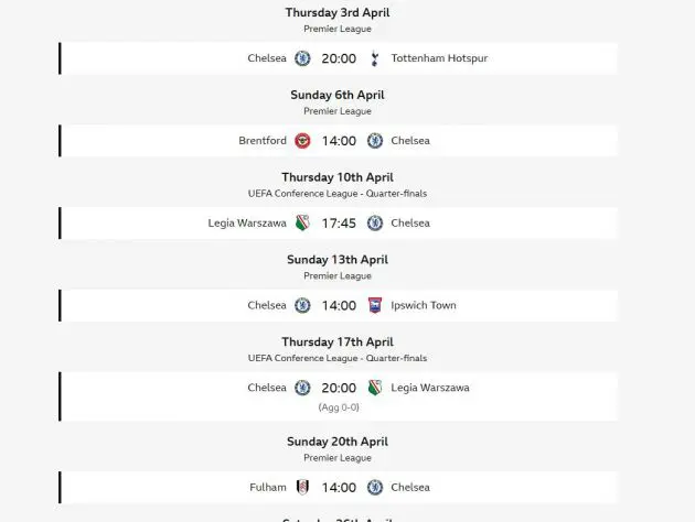 Chelsea's April fixture list.