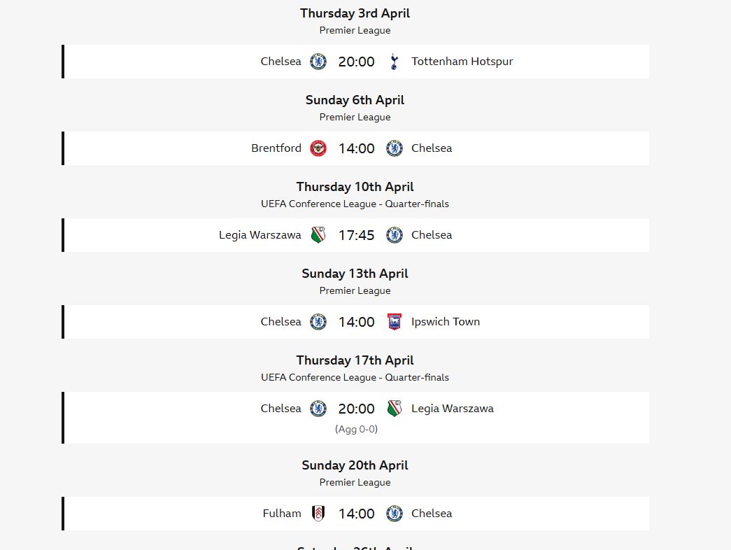 Chelsea's April fixture list.
