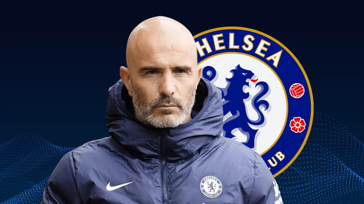 Enzo Maresca with a Chelsea logo.