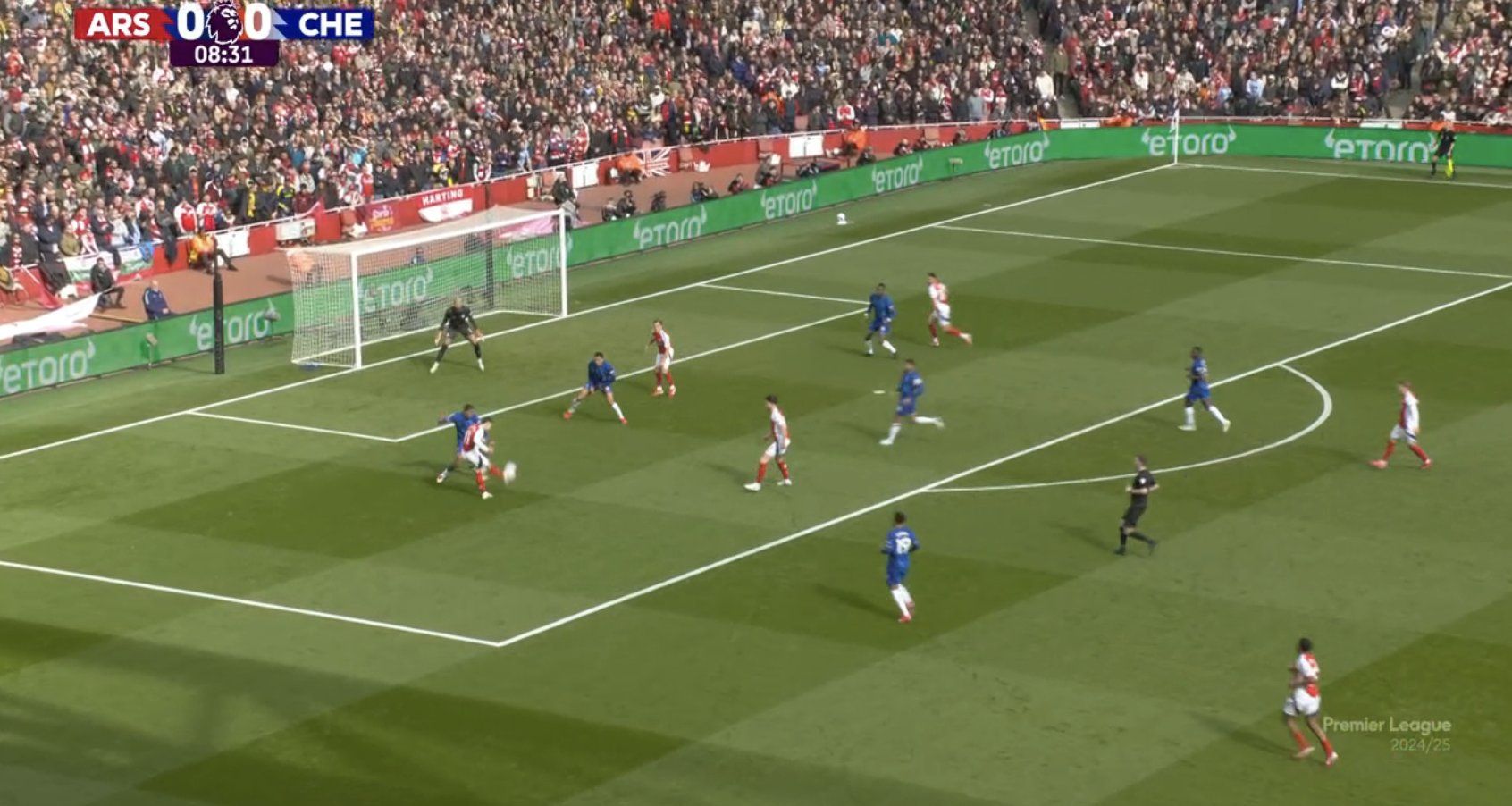 Gabriel Martinelli has a shot after a mistake from Robert Sanchez, who kicked the ball directly to him.