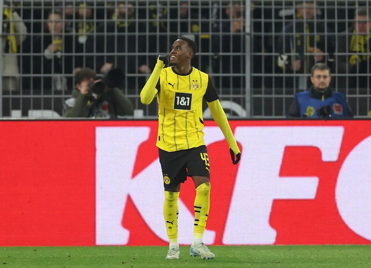 Jamie Gittens scoring for Dortmund against Bayern (Photo by Lars Baron/Getty Images)