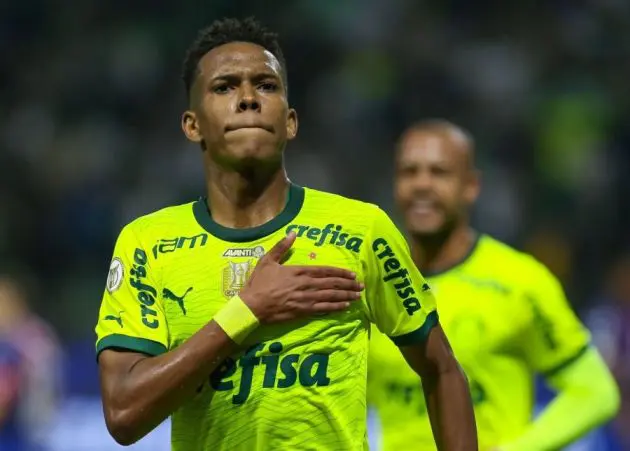 Estevao Willian celebrates a goal for Palmeiras.